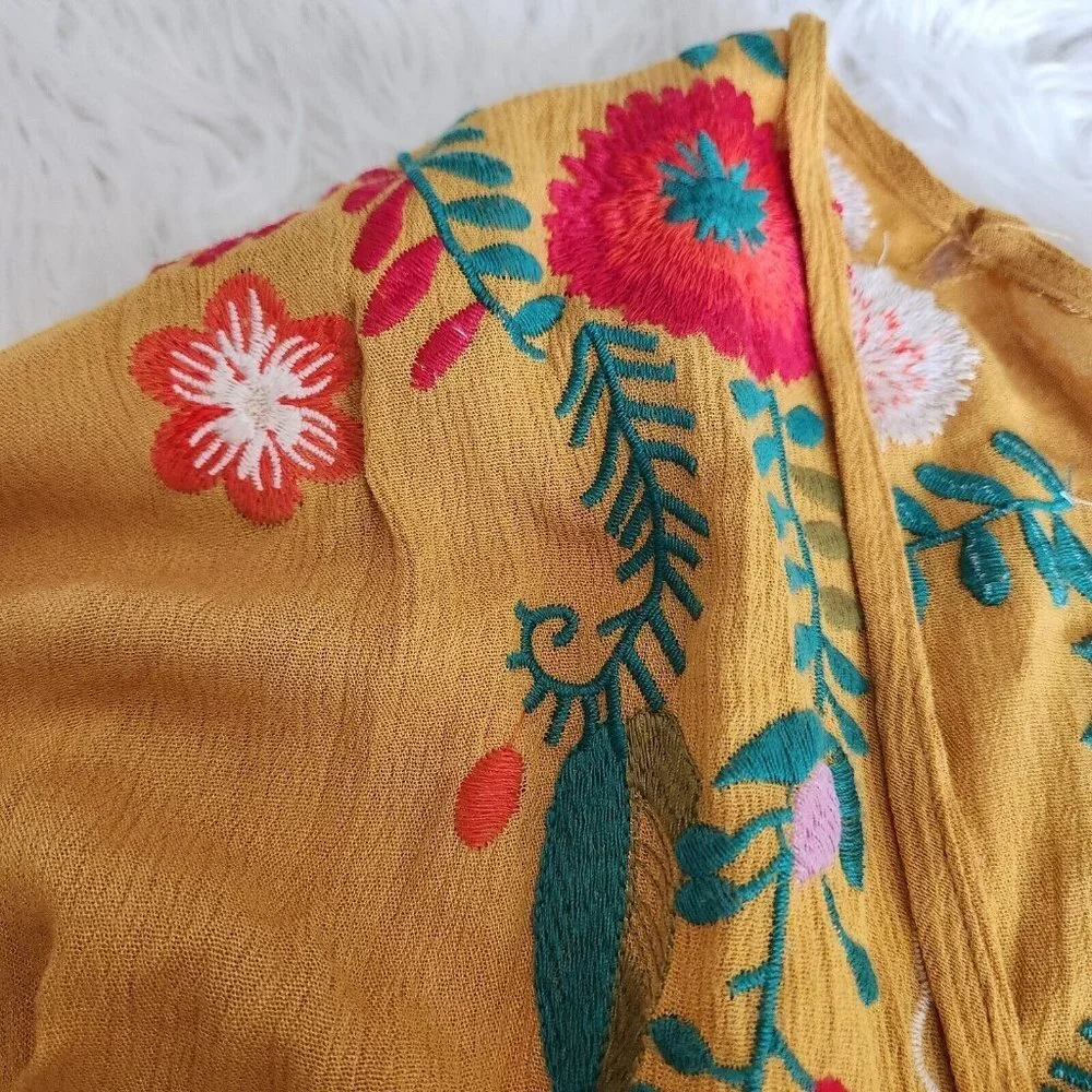 Umgee Mustard Yellow‎ Floral Embroidered Kimnono Cardigan Sz S/M Boho Cottage - Picture 8 of 15